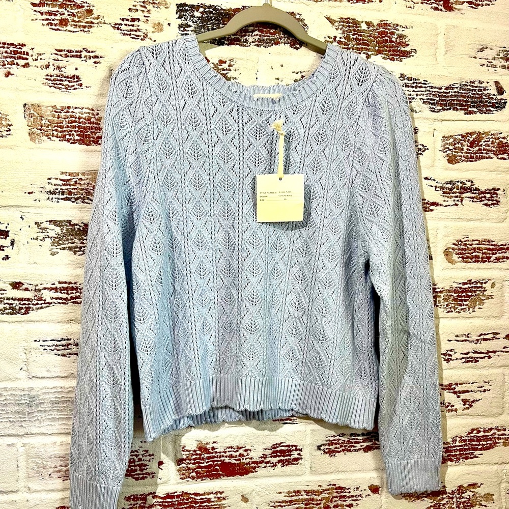 Marled Sweater Crochet Baby Blue Cropped Long Sleeve NWT Size XL